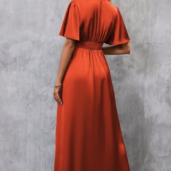 Orange Preppy Womens Plunging Neck Butterfly Sleeve Split Thigh Satin Dress - Picture 2 of 5